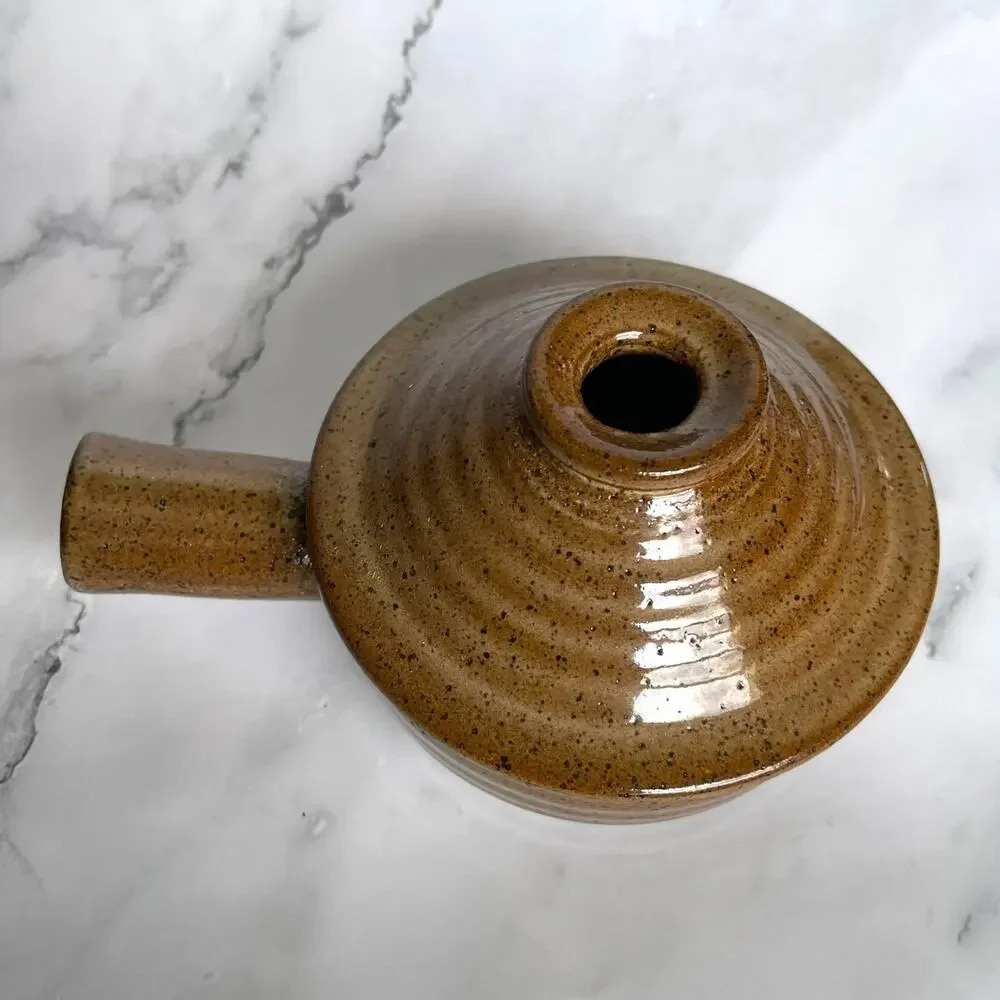 Vintage Stoneware Individual Casserole Soup Crock w Lid Brown Speckled 6.25